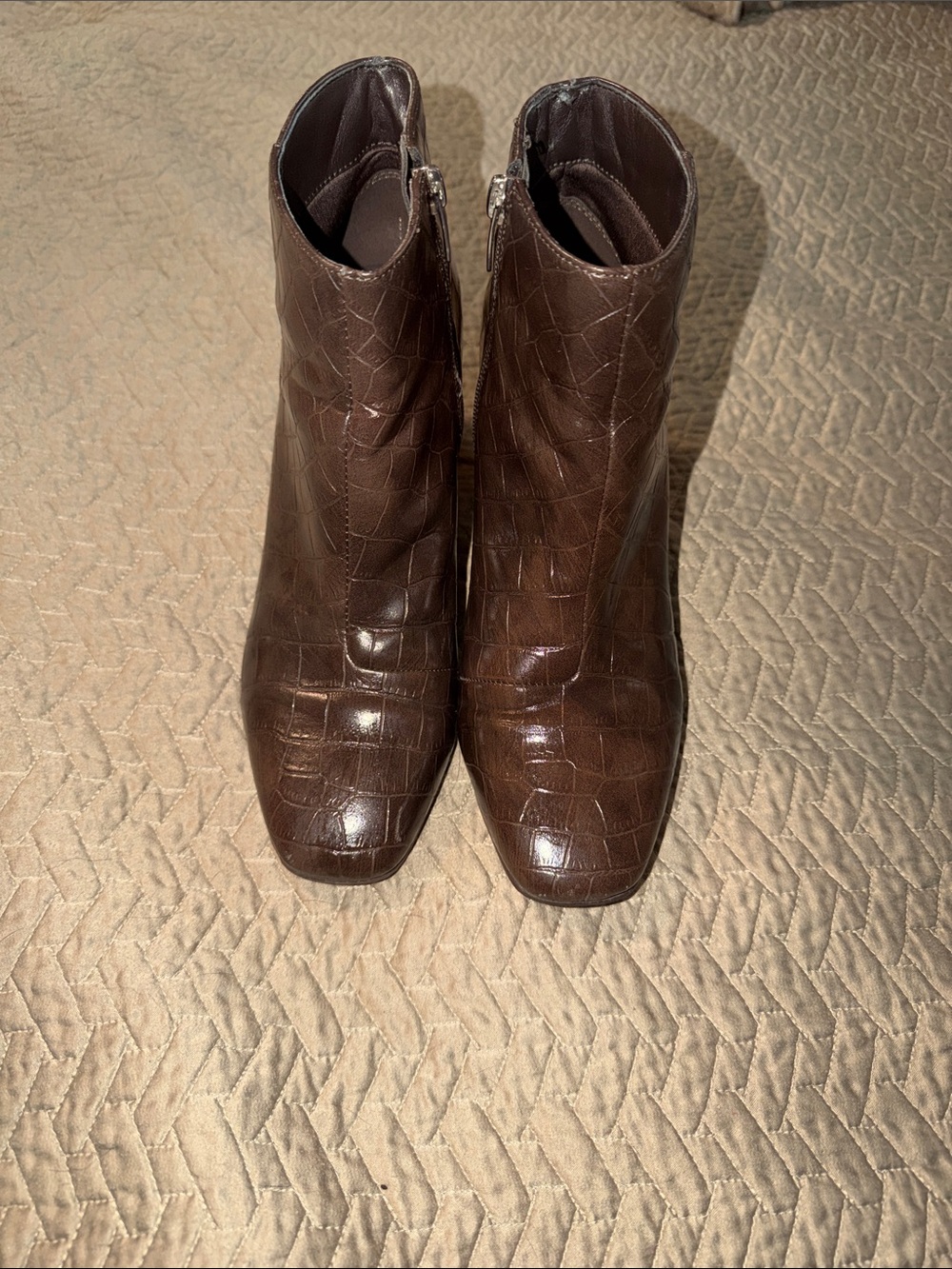 Marc Fisher Brown Croc-Embossed Ankle Booties